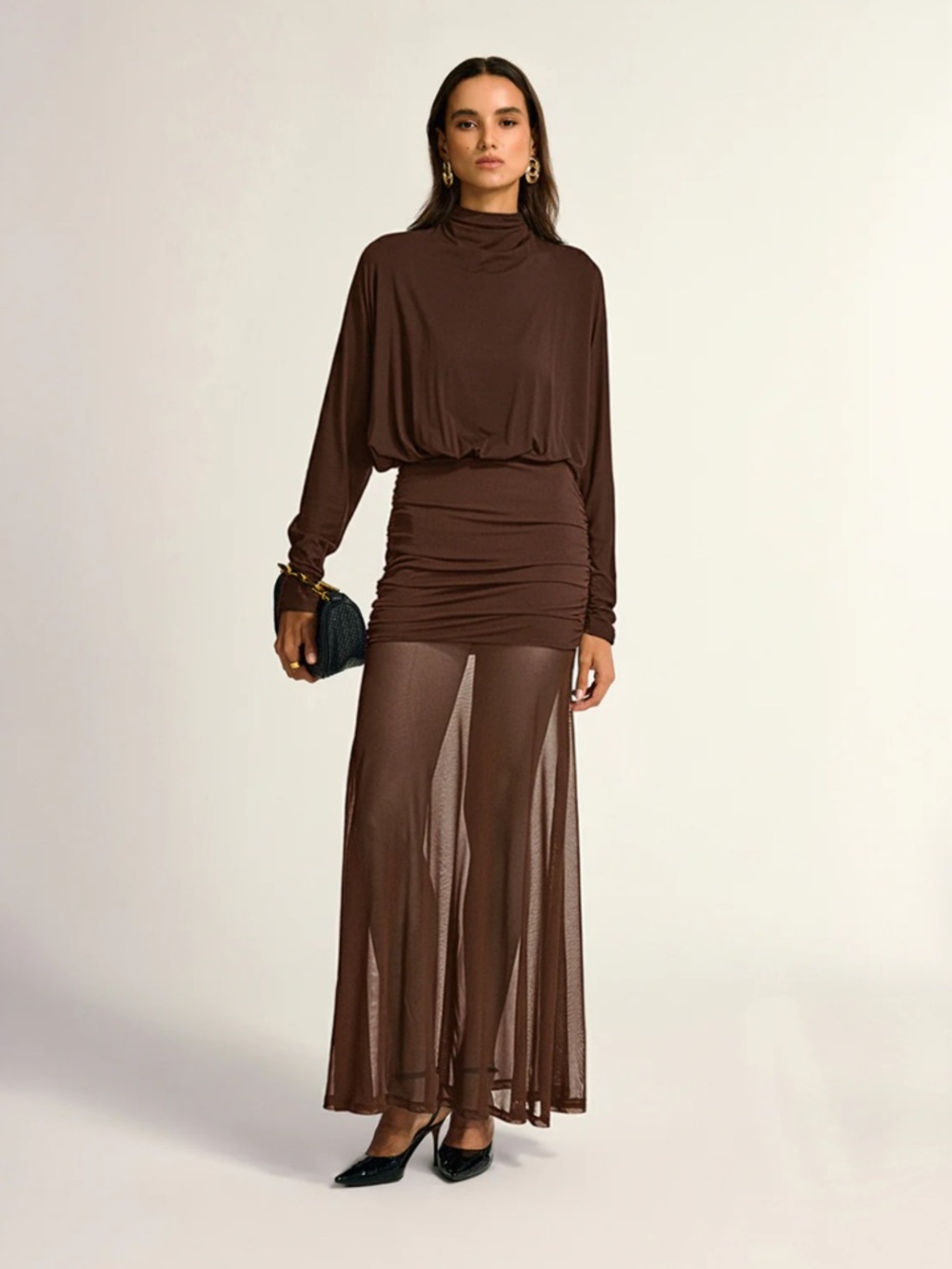 Commense Turtleneck Long Sleeve Drape Ruched Mesh Dress size Medium NWT